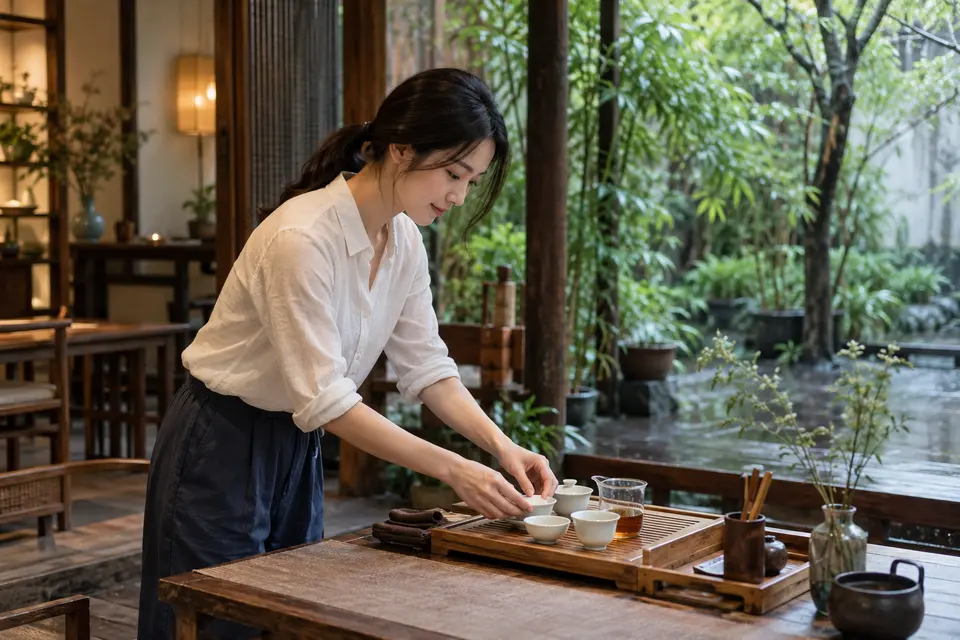 庭院茶席布置,竹制茶具与盖碗