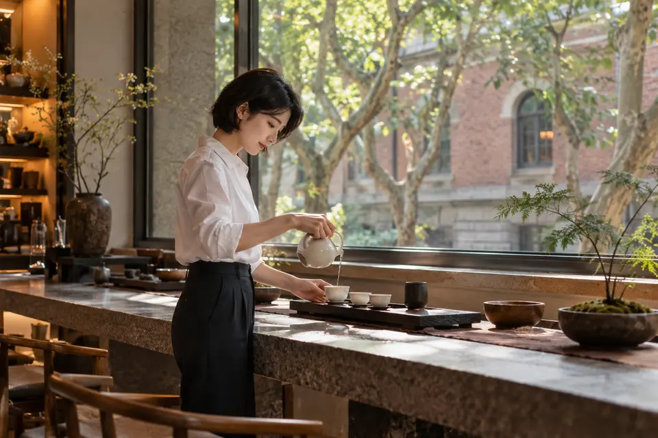 都市街区茶室内的品茶场景,白瓷茶具与倒茶动作